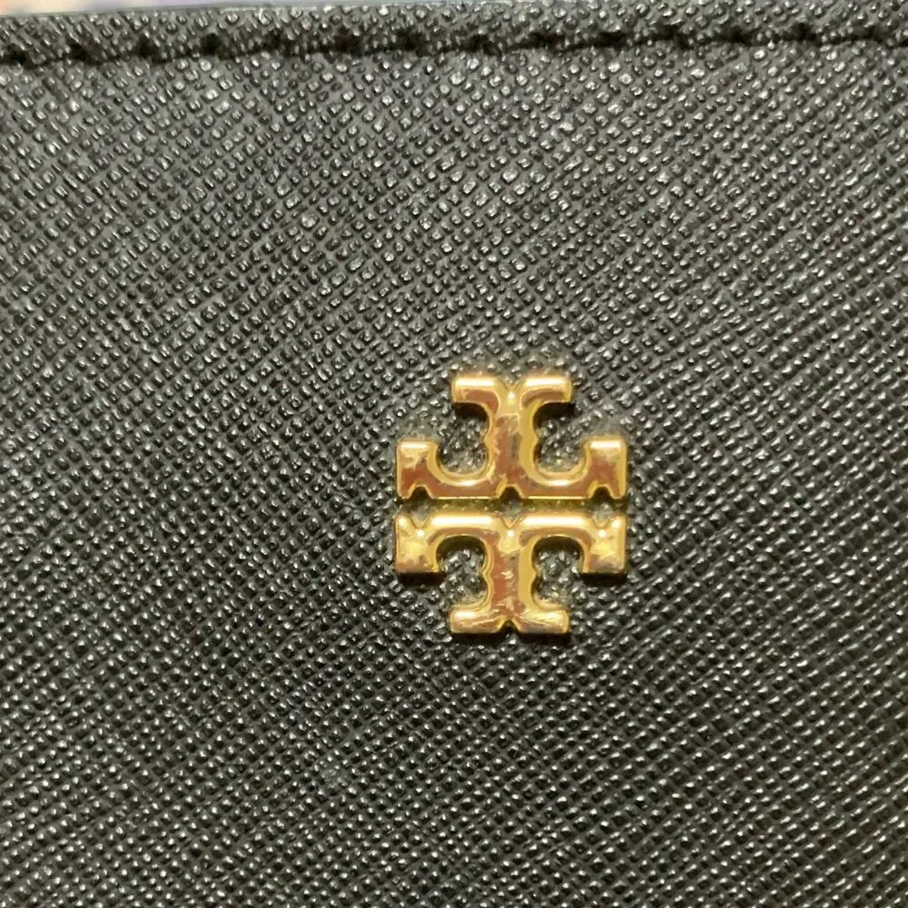 Tory Burch Black Saffiano Leather Tote Bag Triple Compartment Gold Logo Shoulder